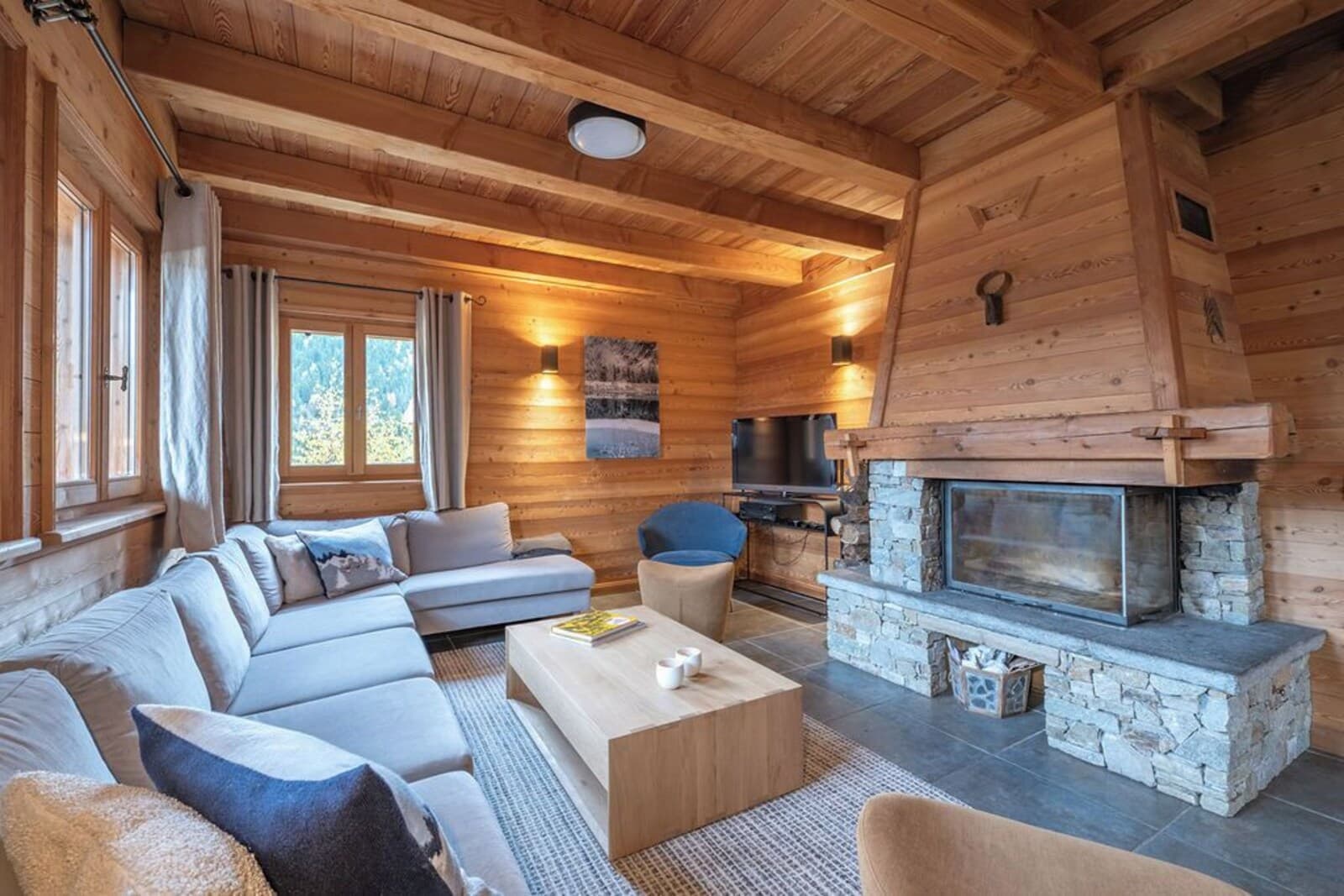 Living room · stone fireplace